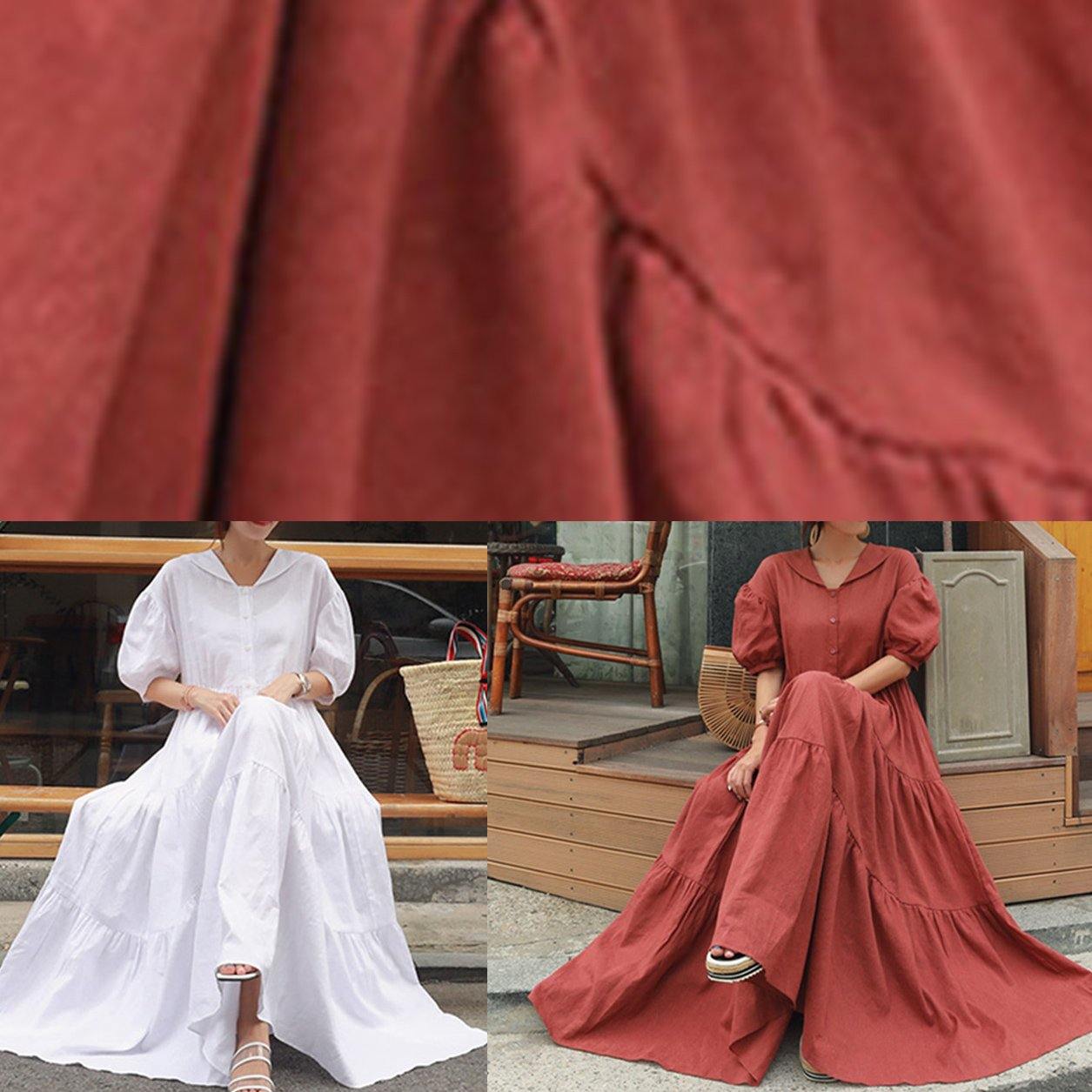 Vivid white linen clothes For Women Peter pan Collar Ruffles long Dress - SooLinen