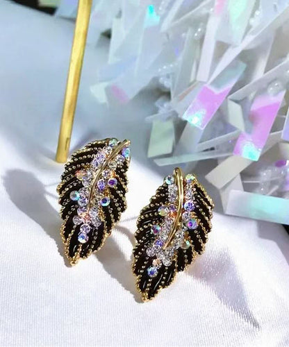 Vogue Black Copper Zircon Leaf Stud Earrings