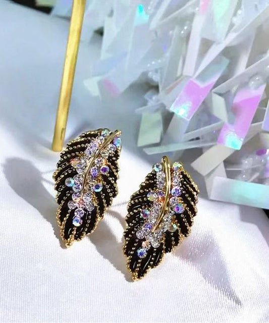 Vogue Black Copper Zircon Leaf Stud Earrings