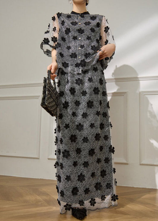 Vogue Black Embroidered Floral Tulle Top And Maxi Skirts Two Pieces Set Short Sleeve