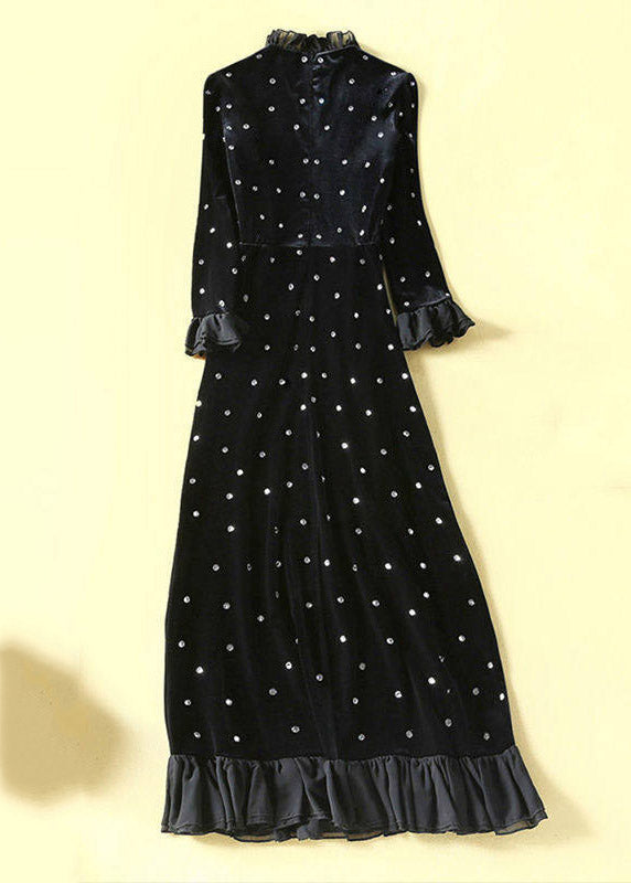 Vogue Black Turtleneck Nail Bead Silk Velvet Maxi Dress Spring