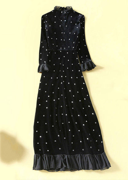 Vogue Black Turtleneck Nail Bead Silk Velvet Maxi Dress Spring