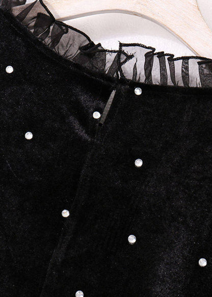 Vogue Black Turtleneck Nail Bead Silk Velvet Maxi Dress Spring