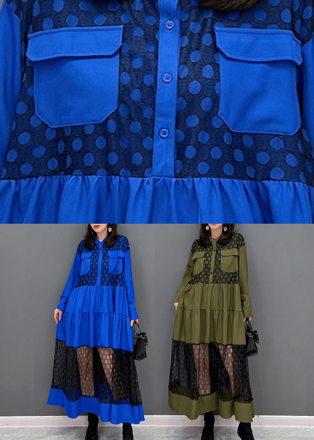 Vogue Blue O-Neck Dot Patchwork Wrinkled Tulle Maxi Dresses Fall