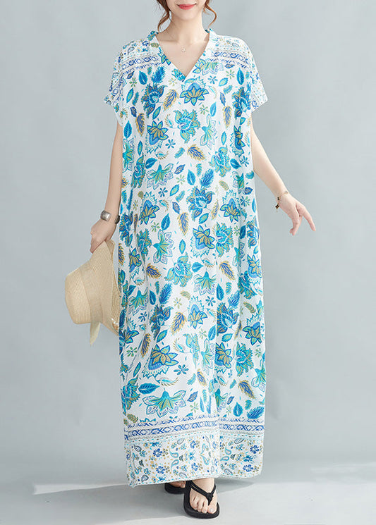 Vogue Blue Print Cotton Holiday Maxi Dresses Summer