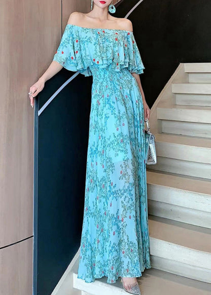 Vogue Blue Slash Neck Chiffon Vacation Dresses Summer