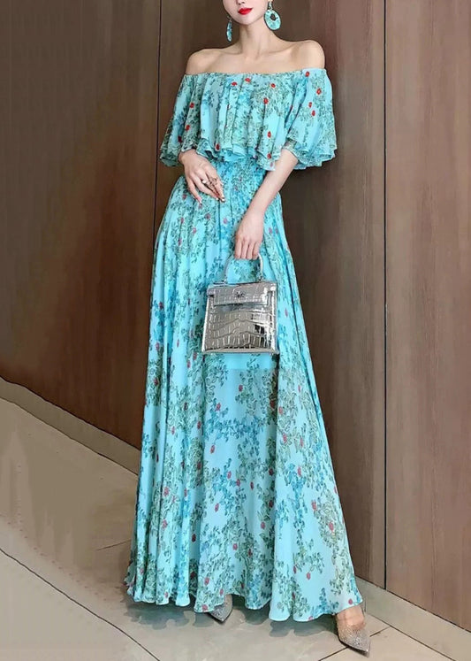 Vogue Blue Slash Neck Chiffon Vacation Dresses Summer