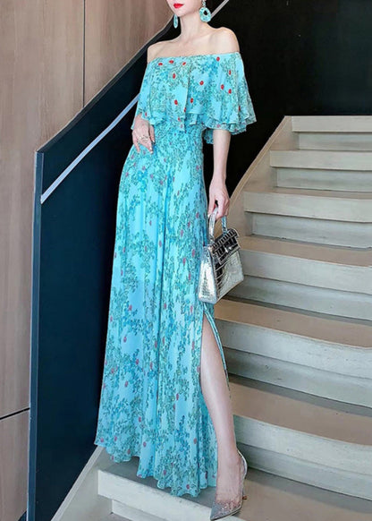 Vogue Blue Slash Neck Chiffon Vacation Dresses Summer