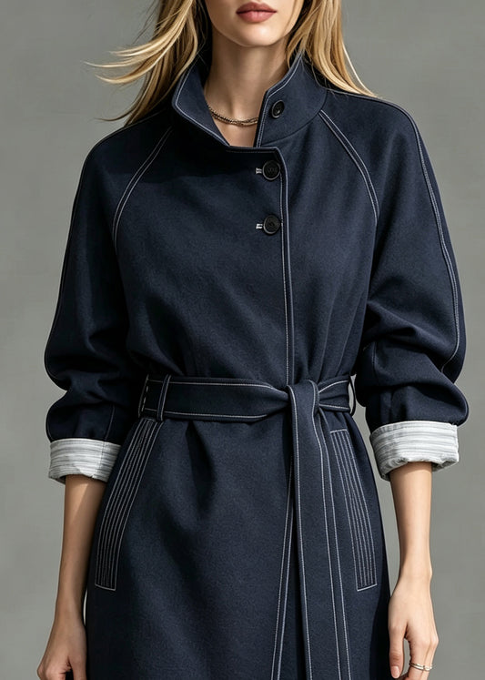 Vogue Blue Stand Collar Pockets Trench Coat Fall