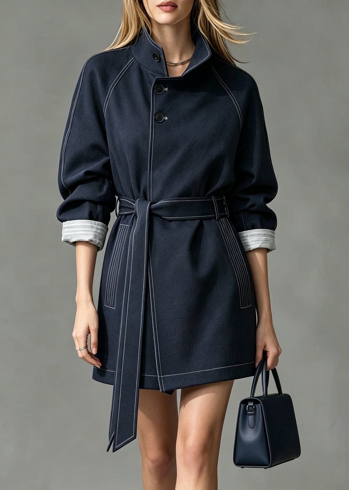 Vogue Blue Stand Collar Pockets Trench Coat Fall