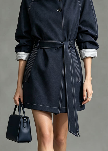 Vogue Blue Stand Collar Pockets Trench Coat Fall