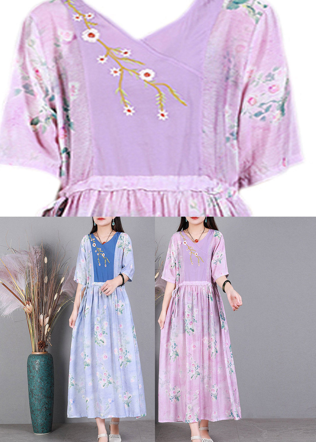 Vogue Blue V Neck Embroideried Print Patchwork Silk Holiday Dress Short Sleeve