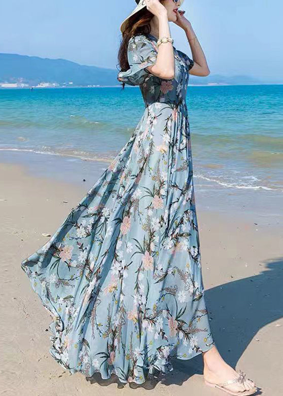 Vogue Blue V Neck Print Chiffon Maxi Beach Dresses Summer