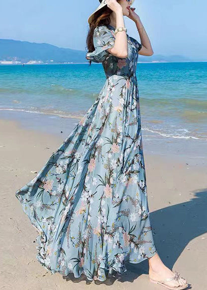 Vogue Blue V Neck Print Chiffon Maxi Beach Dresses Summer