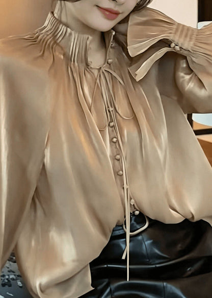 Vogue Champagne Stand Collar Tie Lace Wrinkle Solid Shirt Lantern Sleeve