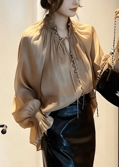 Vogue Champagne Stand Collar Tie Lace Wrinkle Solid Shirt Lantern Sleeve