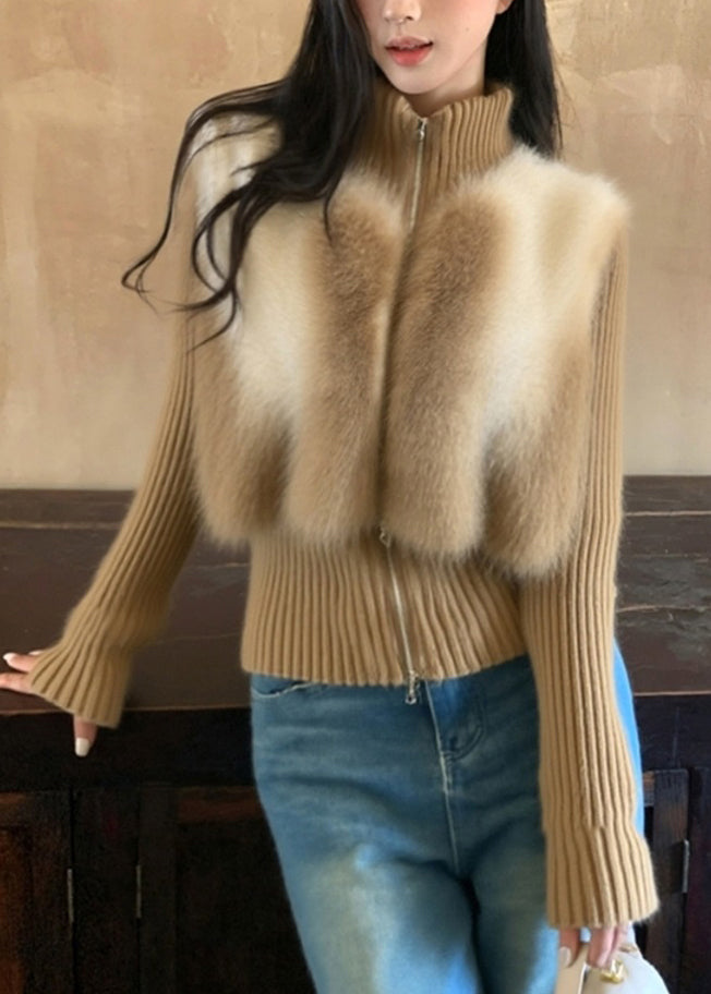 Vogue Coffee Turtleneck Zippered Patchwork Cotton Knit Cardigans Winter