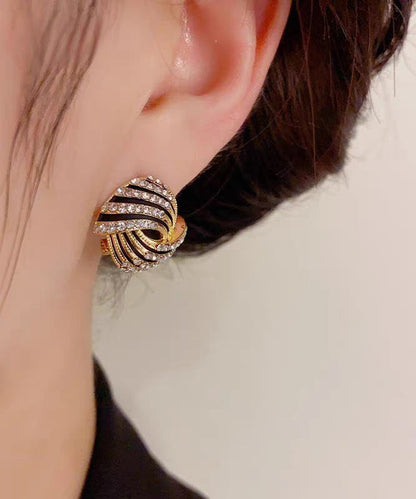 Vogue Gold 14K Gold Zircon Striped Hollow Out Hoop Earrings