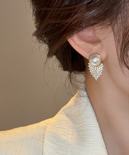 Vogue Gold Copper Alloy Zircon Pearl Stud Earrings