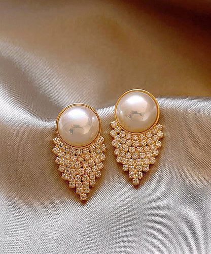 Vogue Gold Copper Alloy Zircon Pearl Stud Earrings