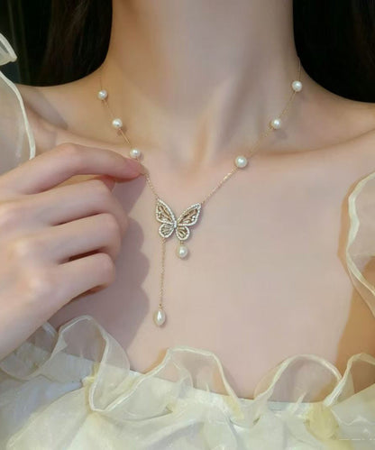 Vogue Gold Copper Overgild Pearl Butterfly Tassel Adjustable Pendant Necklace
