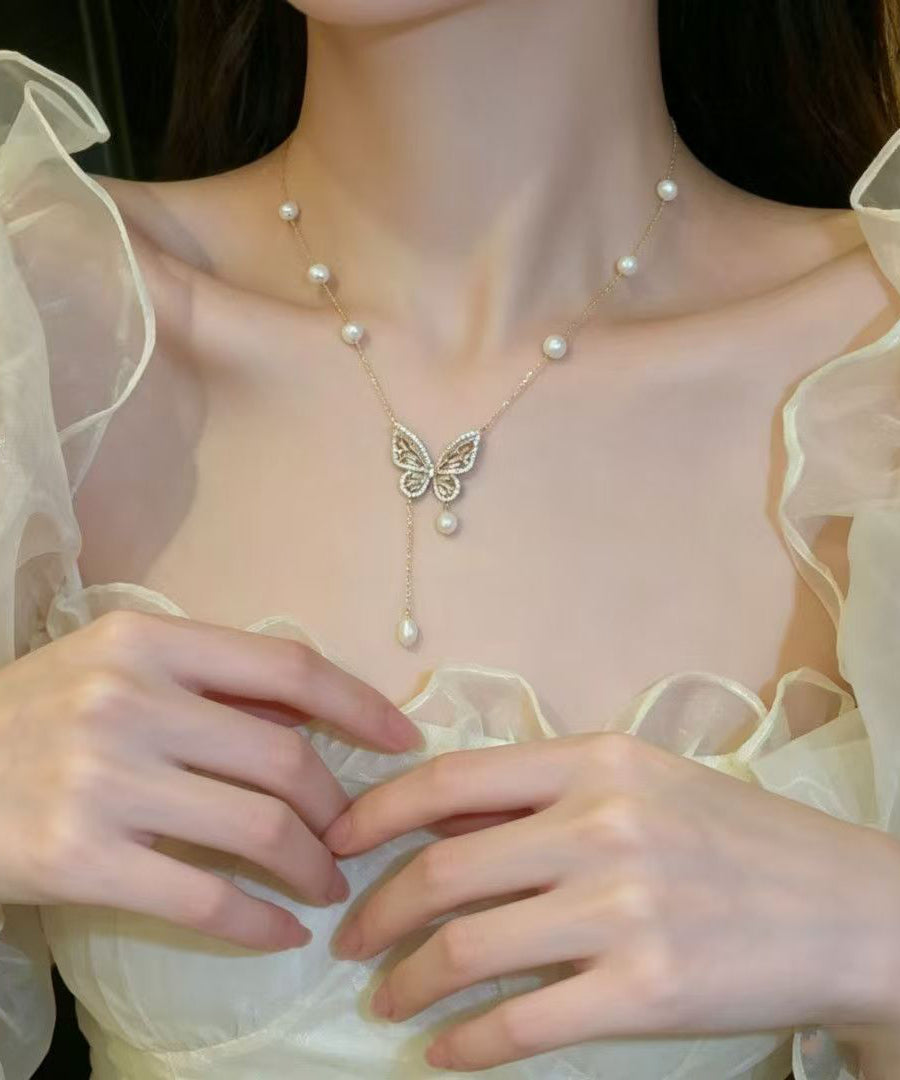 Vogue Gold Copper Overgild Pearl Butterfly Tassel Adjustable Pendant Necklace