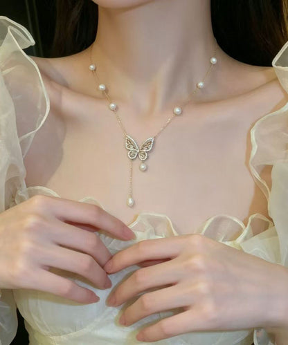 Vogue Gold Copper Overgild Pearl Butterfly Tassel Adjustable Pendant Necklace