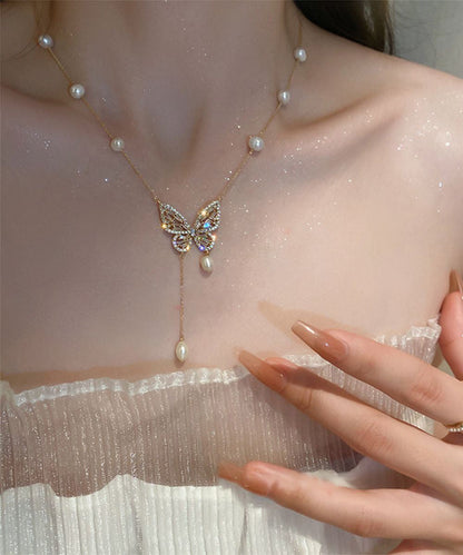 Vogue Gold Copper Overgild Pearl Butterfly Tassel Adjustable Pendant Necklace