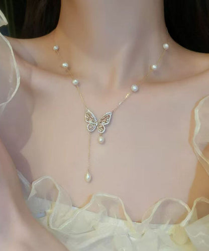 Vogue Gold Copper Overgild Pearl Butterfly Tassel Adjustable Pendant Necklace