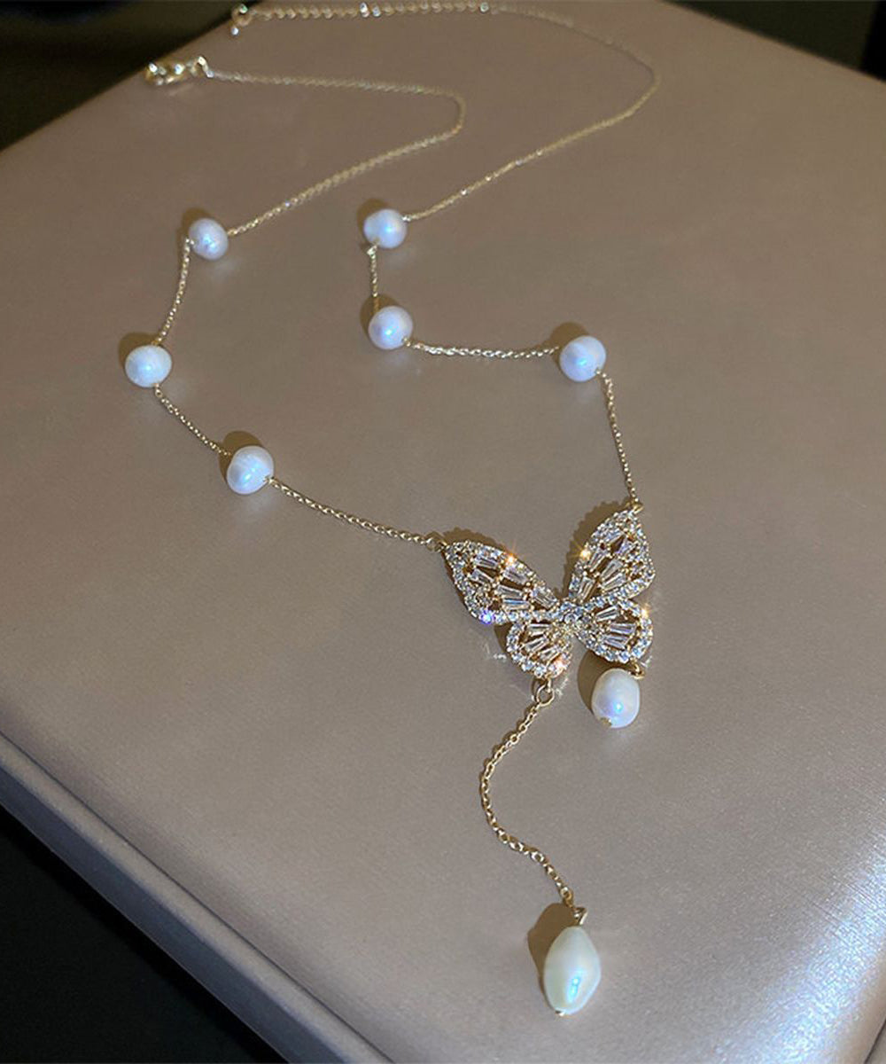 Vogue Gold Copper Overgild Pearl Butterfly Tassel Adjustable Pendant Necklace