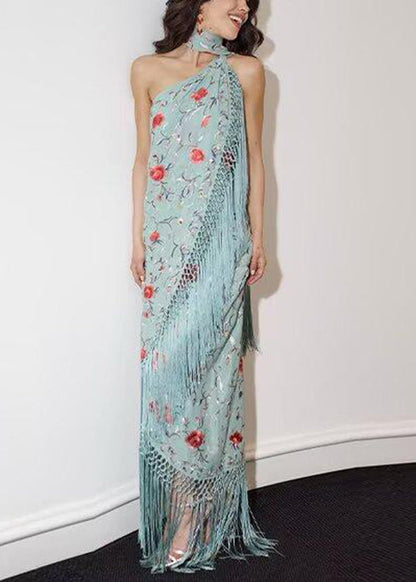 Vogue Green Asymmetrical Tasseled Print Cotton Maxi Dresses Sleeveless