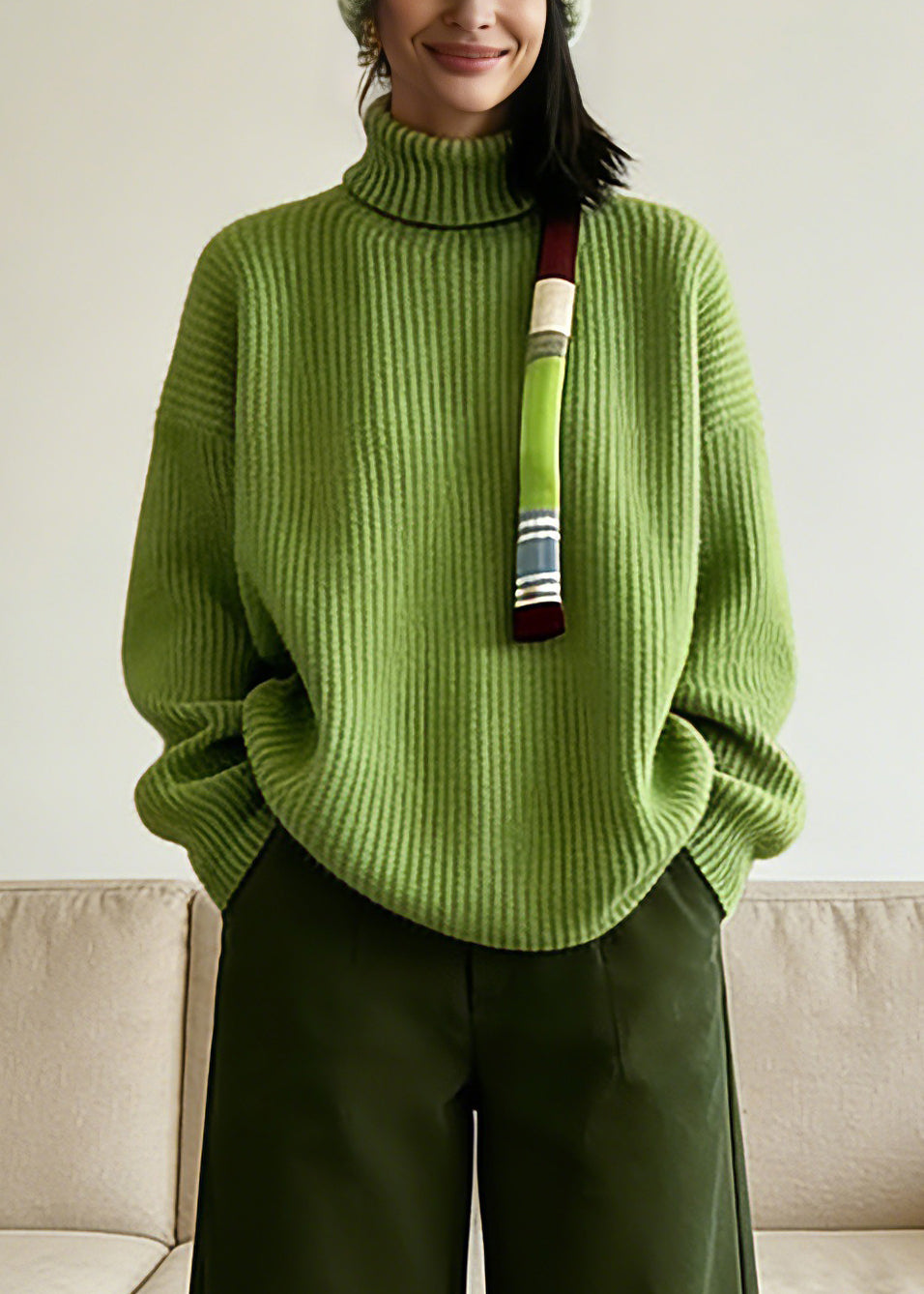 Vogue Green Turtleneck Cotton Knit Sweaters And Crop Pants Two-Piece Set Spring
