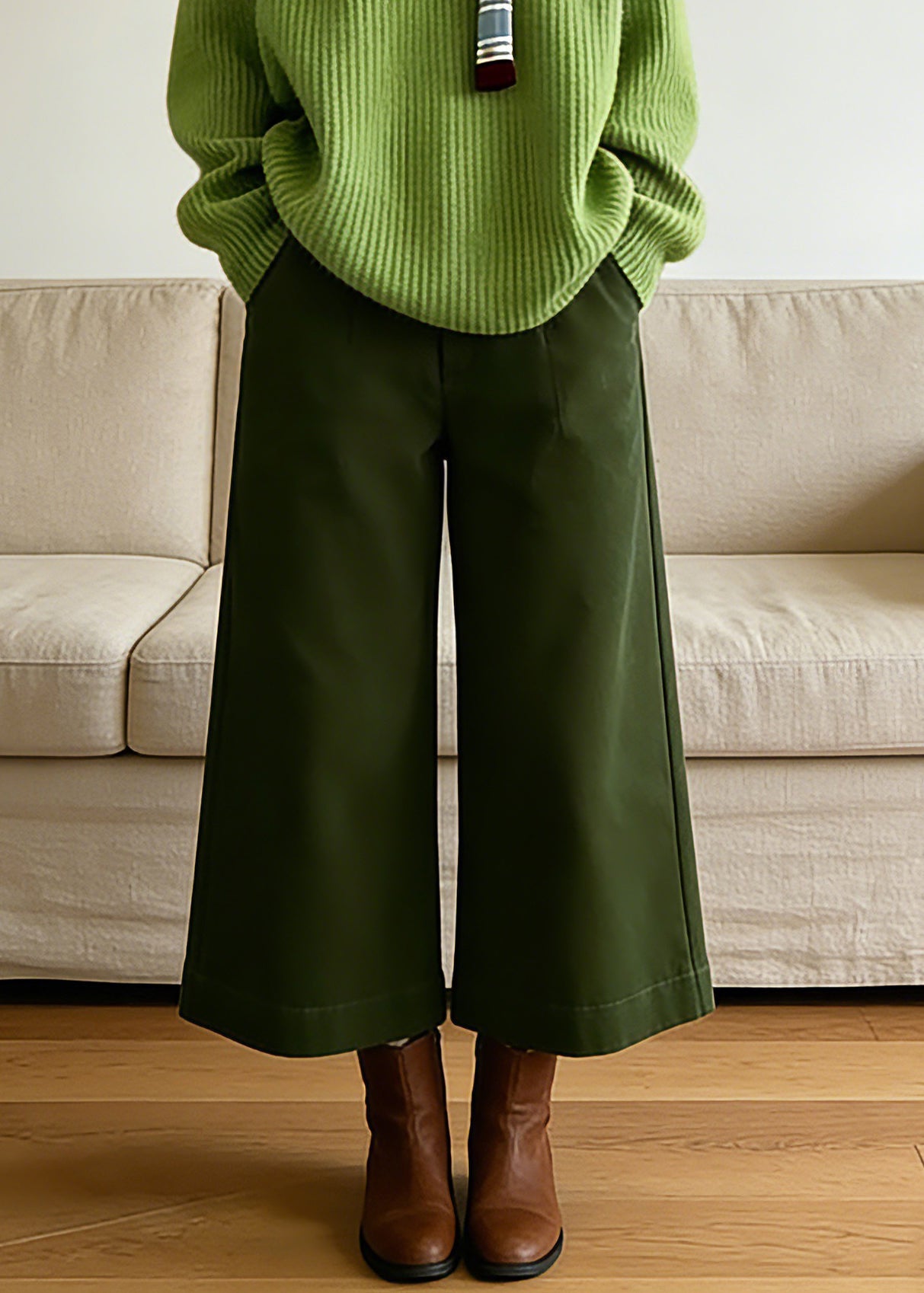 Vogue Green Turtleneck Cotton Knit Sweaters And Crop Pants Two-Piece Set Spring
