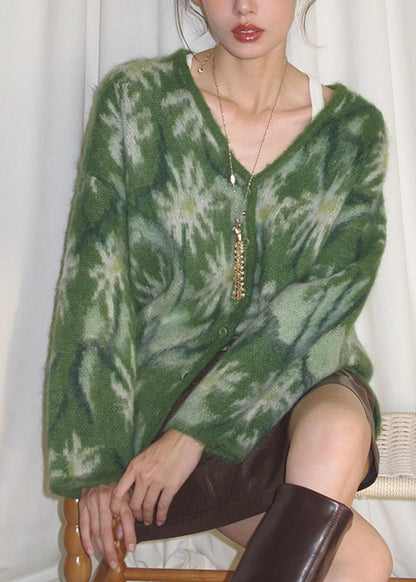 Vogue Green V Neck Patchwork Cozy Cotton Knit Sweater Spring