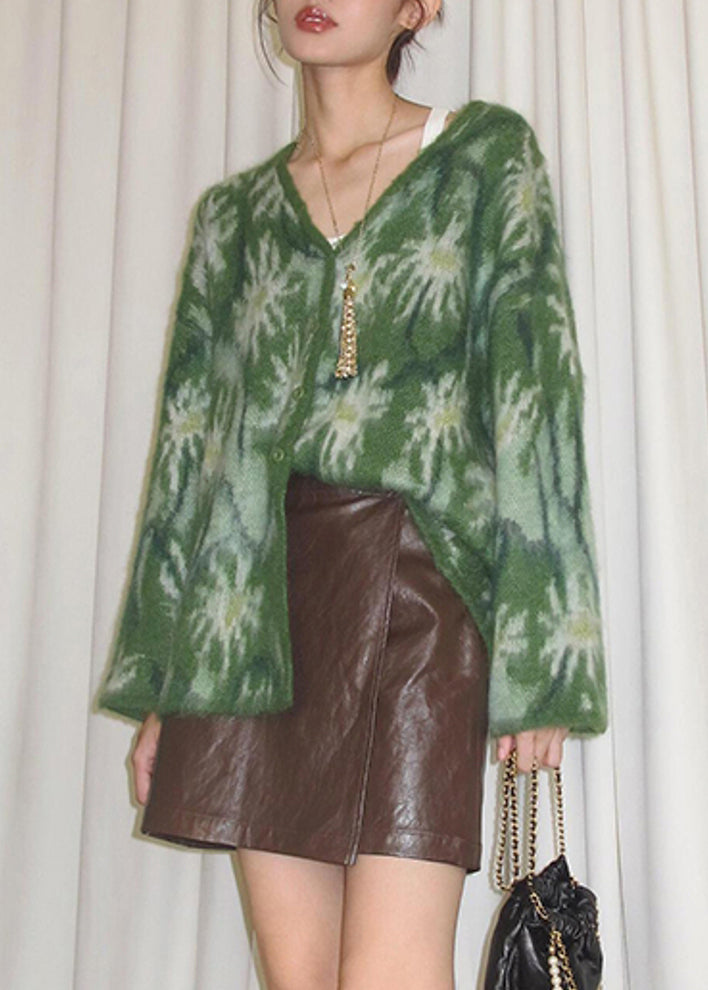 Vogue Green V Neck Patchwork Cozy Cotton Knit Sweater Spring