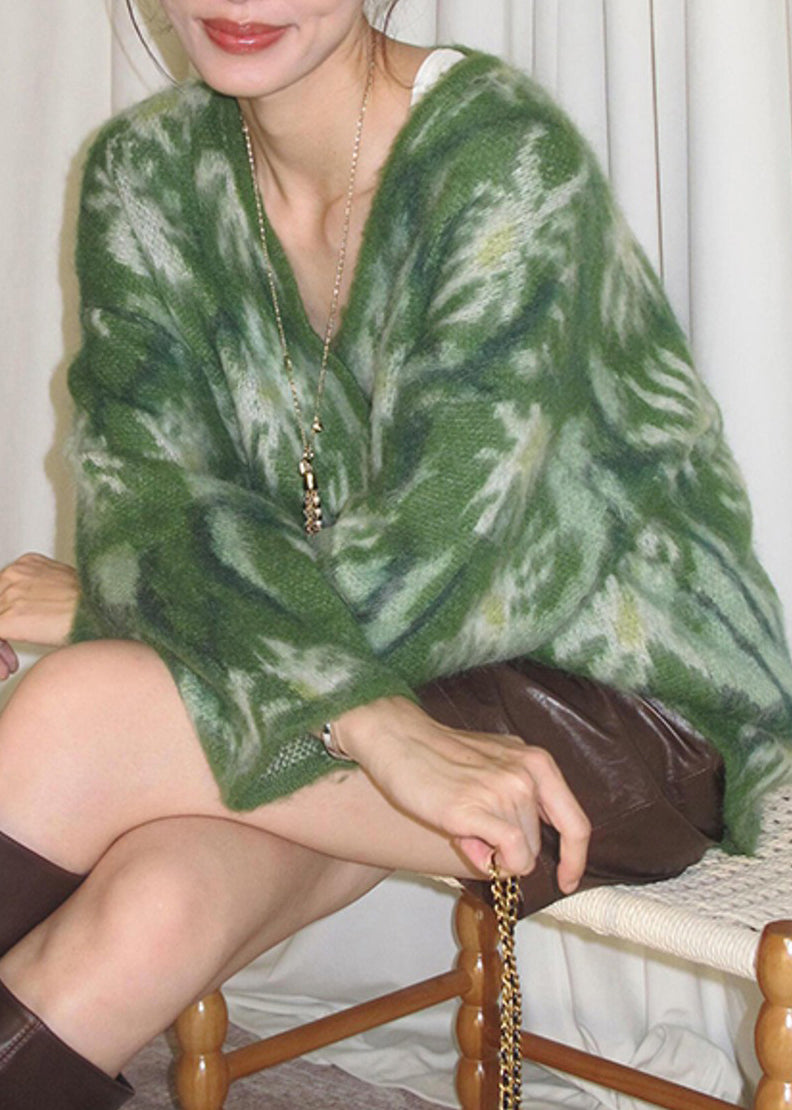 Vogue Green V Neck Patchwork Cozy Cotton Knit Sweater Spring