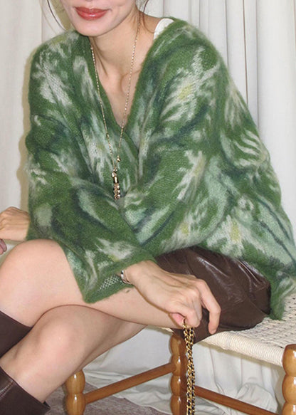 Vogue Green V Neck Patchwork Cozy Cotton Knit Sweater Spring