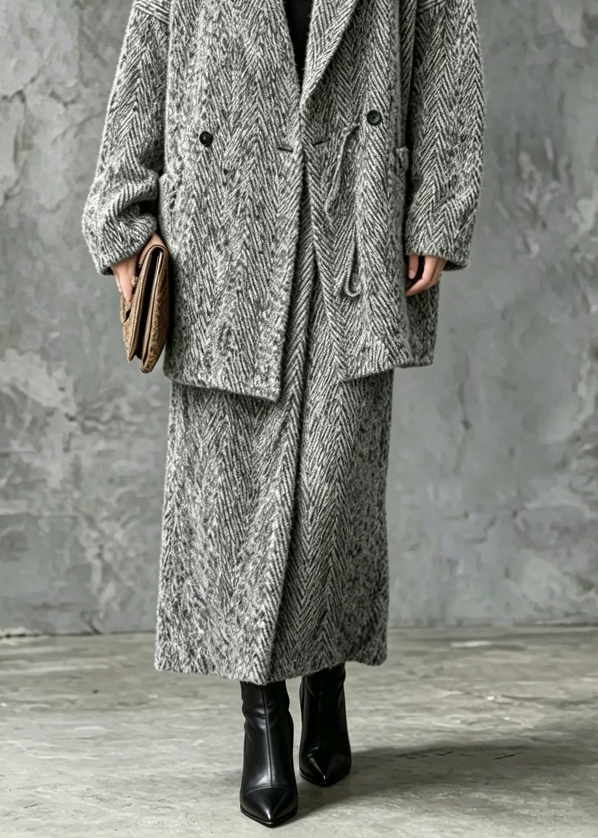 Vogue Grey Notched Notched Woolen Coat And Maxi Skirts Two Pieces Set Fall