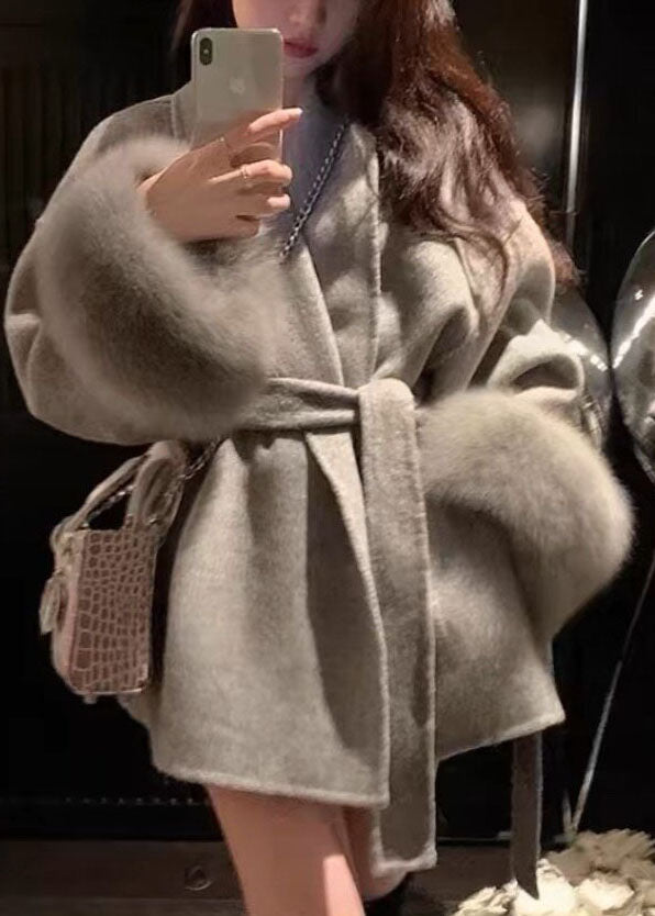 Vogue Grey V Neck Pockets Tie Waist Woolen Coat Long Sleeve
