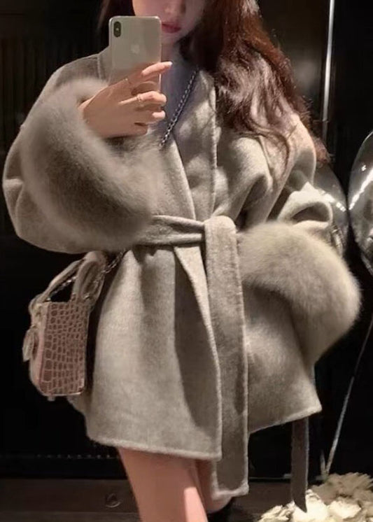 Vogue Grey V Neck Pockets Tie Waist Woolen Coat Long Sleeve