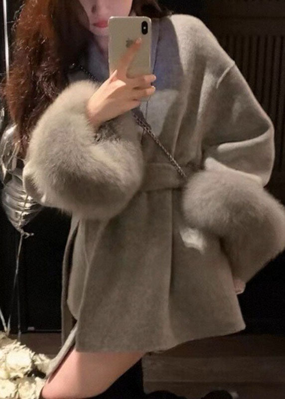 Vogue Grey V Neck Pockets Tie Waist Woolen Coat Long Sleeve