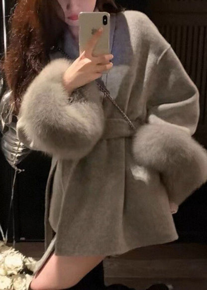 Vogue Grey V Neck Pockets Tie Waist Woolen Coat Long Sleeve