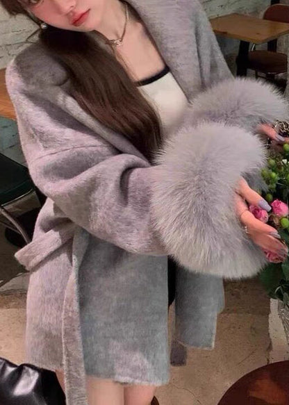 Vogue Grey V Neck Pockets Tie Waist Woolen Coat Long Sleeve