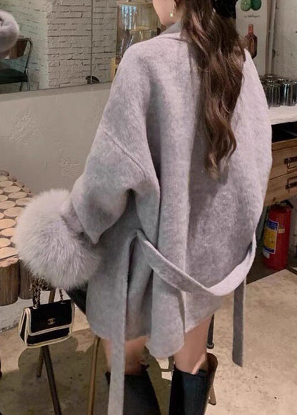 Vogue Grey V Neck Pockets Tie Waist Woolen Coat Long Sleeve