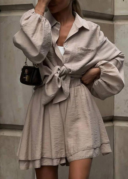 Vogue Khaki Peter Pan Collar Shirts And Shorts Two Pieces Set Fall