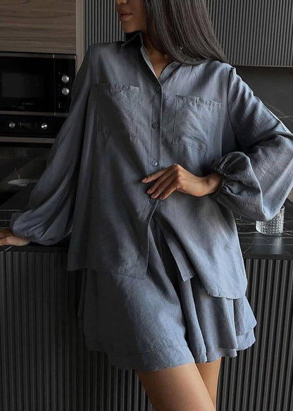 Vogue Khaki Peter Pan Collar Shirts And Shorts Two Pieces Set Fall