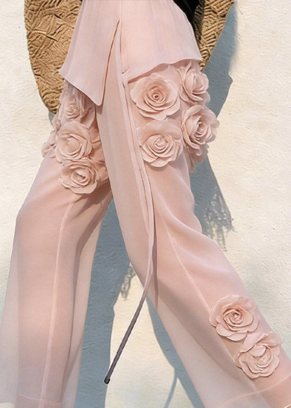 Vogue Pink High Waist Floral Tulle Crop Pants