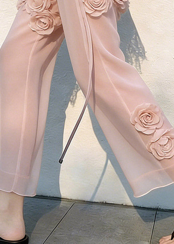 Vogue Pink High Waist Floral Tulle Crop Pants