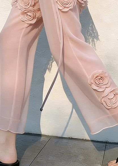 Vogue Pink High Waist Floral Tulle Crop Pants