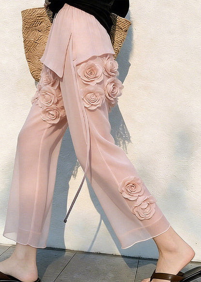 Vogue Pink High Waist Floral Tulle Crop Pants
